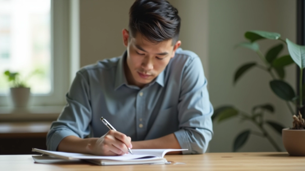 Person writing goal plans in a notebook at a wooden desk with morning light