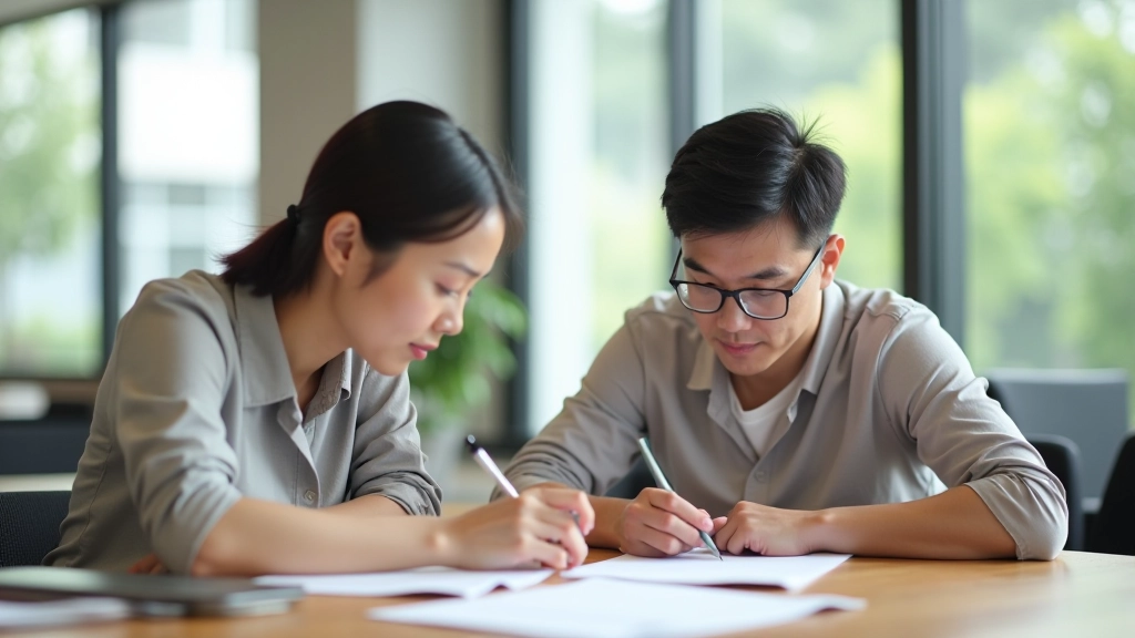 Two participants reviewing goals and action plans together on paper, sitting at a table during a retreat session